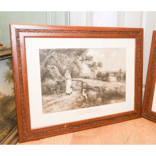 1776 - Edwardian Oak Framed Prints Including Wooden Landscape Largest Approximately 32 Inches Wide x 22 Inc... 