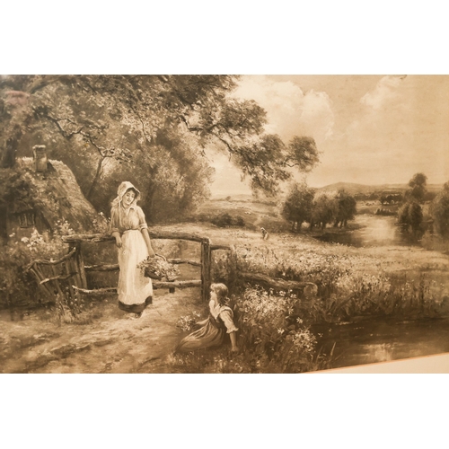 1776 - Edwardian Oak Framed Prints Including Wooden Landscape Largest Approximately 32 Inches Wide x 22 Inc... 