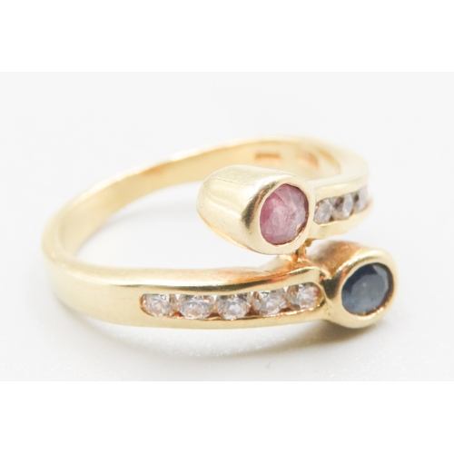 178 - Bezel Set Sapphire and Ruby Wrap Around Form Ring with White Sapphire inset to Shoulders Mounted in ... 