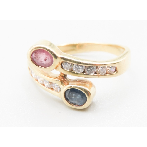 178 - Bezel Set Sapphire and Ruby Wrap Around Form Ring with White Sapphire inset to Shoulders Mounted in ... 