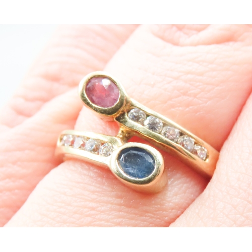 178 - Bezel Set Sapphire and Ruby Wrap Around Form Ring with White Sapphire inset to Shoulders Mounted in ... 