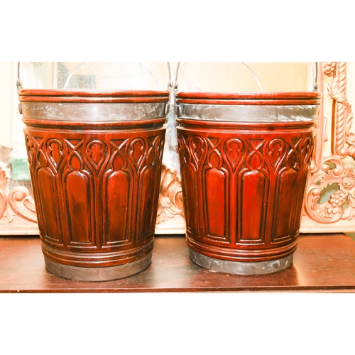 1786 - Pair of Irish Gothic Carved Mahogany Peat Buckets Each with Liners and Swing Carry Handles Each Appr... 