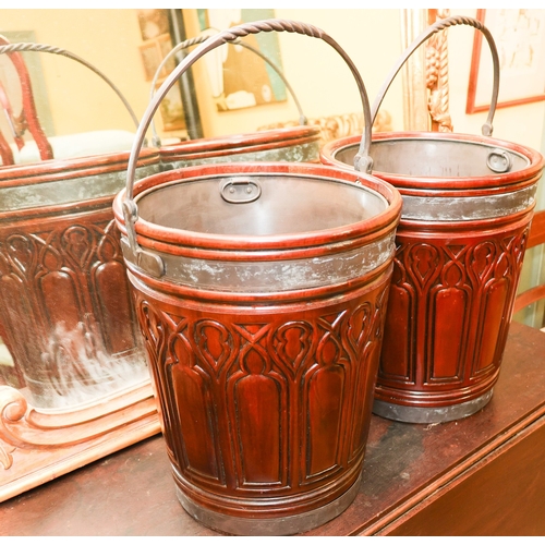 1786 - Pair of Irish Gothic Carved Mahogany Peat Buckets Each with Liners and Swing Carry Handles Each Appr... 