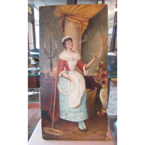 1799 - Continental School Smoking Maid with Brush Oil on Paper Laid On Panel Approximately 12 Inches High x... 