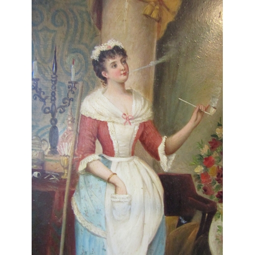 1799 - Continental School Smoking Maid with Brush Oil on Paper Laid On Panel Approximately 12 Inches High x... 