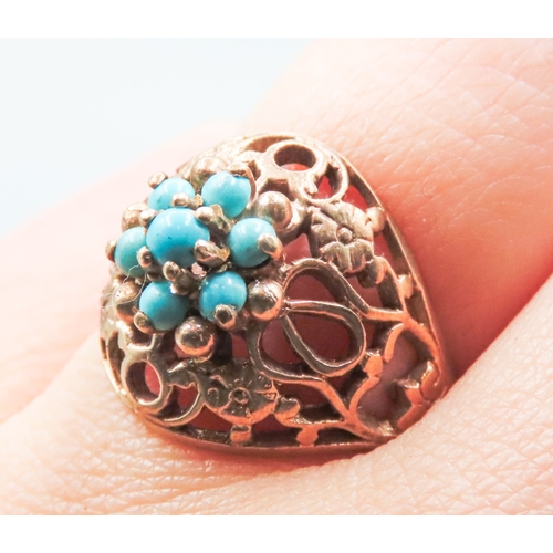 18 - Finely Detailed Filigree Form Turquoise Set Ring Mounted in 9 Carat Rose Gold Ring Size O