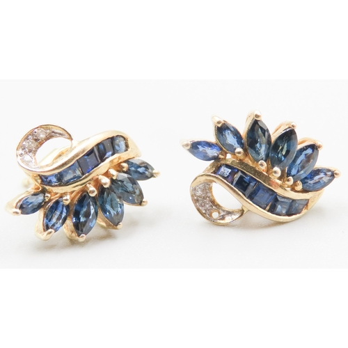 180 - Pair of Sapphire and Diamond Set Floral Form Earrings Mounted in 18 Carat Yellow Gold 1.5cm Long