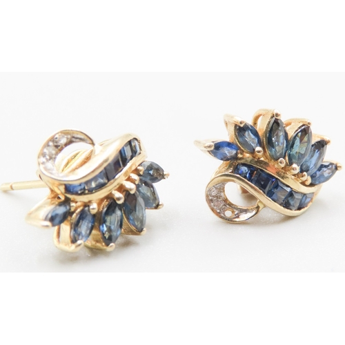 180 - Pair of Sapphire and Diamond Set Floral Form Earrings Mounted in 18 Carat Yellow Gold 1.5cm Long