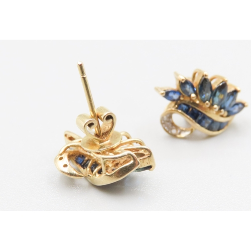 180 - Pair of Sapphire and Diamond Set Floral Form Earrings Mounted in 18 Carat Yellow Gold 1.5cm Long