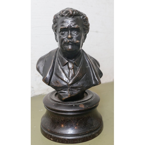 1808 - Edwardian Bronze Bust Mark Twain Smoking Cigar Turned Pedestal Base Approximately 6 Inches High