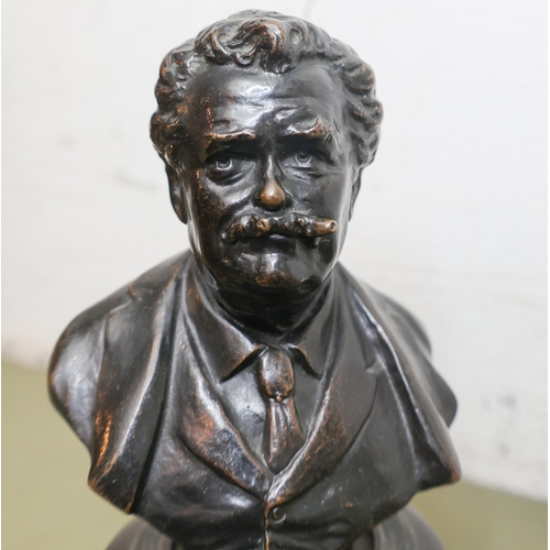 1808 - Edwardian Bronze Bust Mark Twain Smoking Cigar Turned Pedestal Base Approximately 6 Inches High