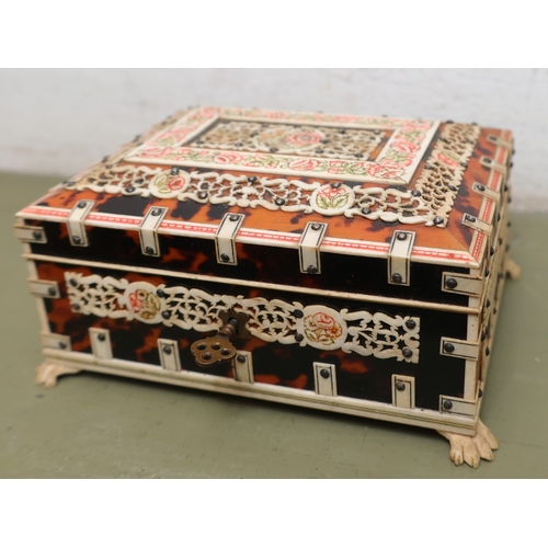 1809 - Anglo Indian Jewellery Box Original Key Present Lion Paw Supports Finely Detailed Throughout Tortois... 