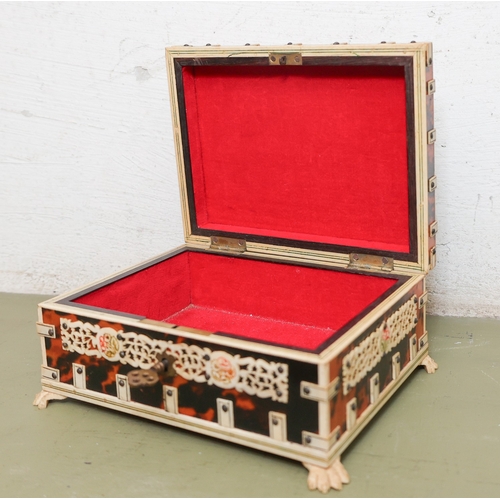 1809 - Anglo Indian Jewellery Box Original Key Present Lion Paw Supports Finely Detailed Throughout Tortois... 