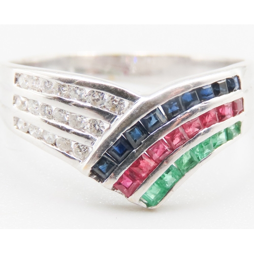 181 - Sapphire Ruby Emerald and Diamond Set Three Row Wishbone Ring Mounted in 18 Carat White Gold Ring Si... 