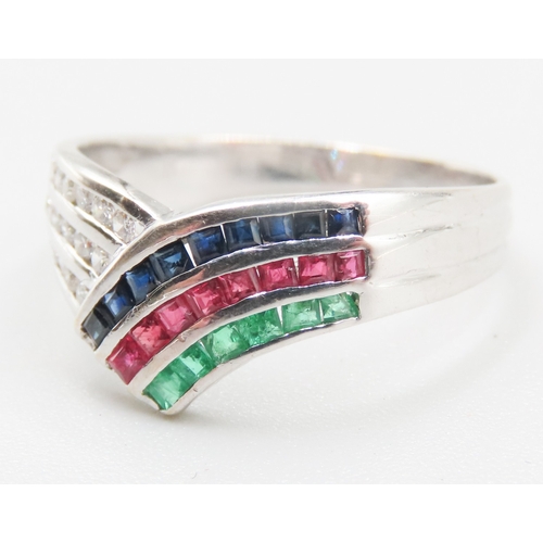 181 - Sapphire Ruby Emerald and Diamond Set Three Row Wishbone Ring Mounted in 18 Carat White Gold Ring Si... 