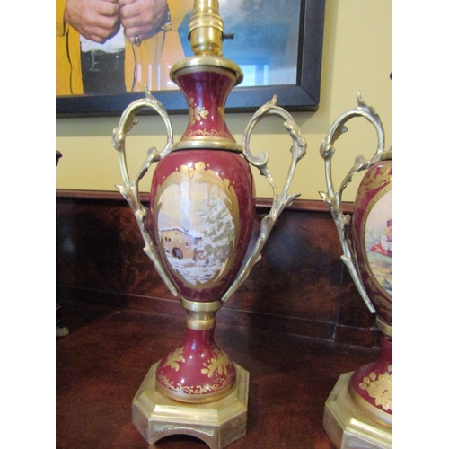 1815 - Pair of French Porcelain Gilt Decorated Ormolu Mounted Table Lamps Each Approximately 14 Inches High