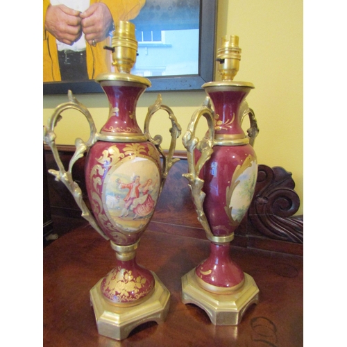 1815 - Pair of French Porcelain Gilt Decorated Ormolu Mounted Table Lamps Each Approximately 14 Inches High