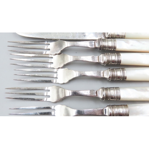 1816 - Set of Six Mother of Pearl Handled Silver Collared Entr�e Knives and Forks Attractively Detailed