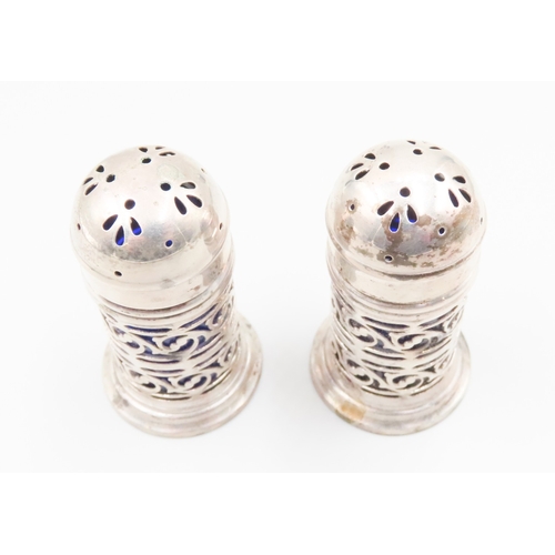 1818 - Pair of Silver Canister Form Salt and Peppers Bristol Blue Glass Liners Within Each Approximately 7c... 