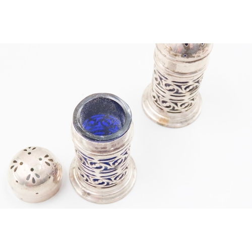 1818 - Pair of Silver Canister Form Salt and Peppers Bristol Blue Glass Liners Within Each Approximately 7c... 