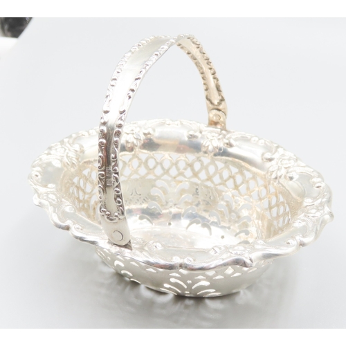 184 - Attractively Detailed Silver Basket Form Bon Bon Dish with Carry Handle Filigree Decoration 10cm Wid... 