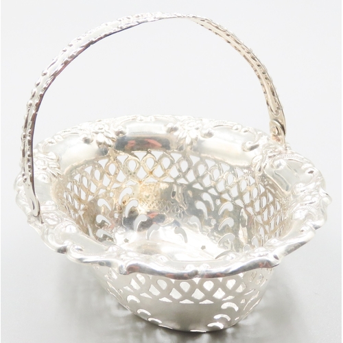 184 - Attractively Detailed Silver Basket Form Bon Bon Dish with Carry Handle Filigree Decoration 10cm Wid... 