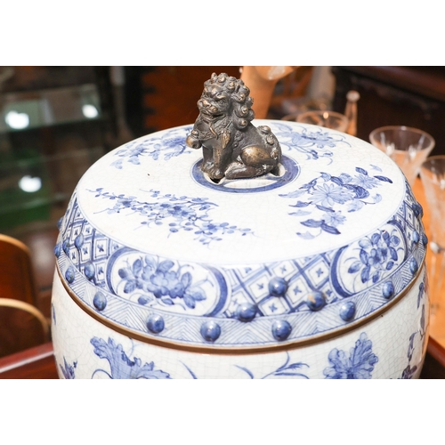 1842 - Chinese Blue and White Bowl with Cover Foo Dog Bronze Figure to Surmount and Base Approximately 10 I... 