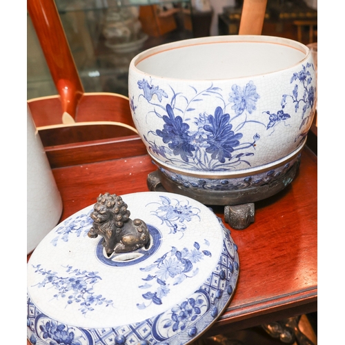 1842 - Chinese Blue and White Bowl with Cover Foo Dog Bronze Figure to Surmount and Base Approximately 10 I... 