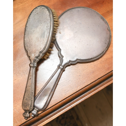 1843 - Edwardian Silver Mounted Hand Mirror and Brush