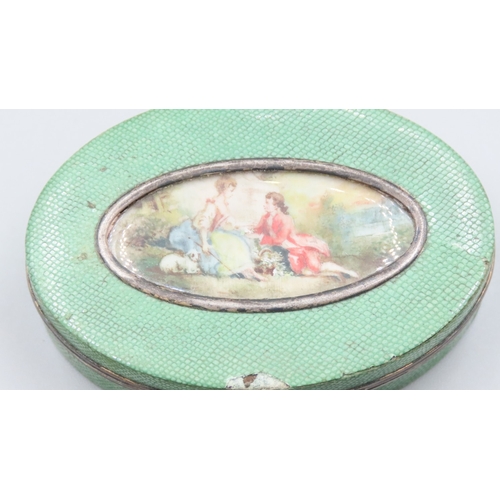 1856 - Silver Shagreen Covered Pill Box Gilded Interior with Inset Portrait Miniature of Romantic Pastoral ... 