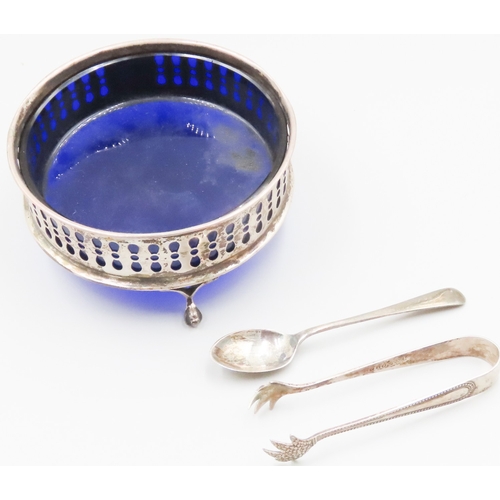 1861 - Silver Bon Bon Dish with Bristol Blue Liner and Bon Bon Tongs with Spoon Three Pieces in Lot