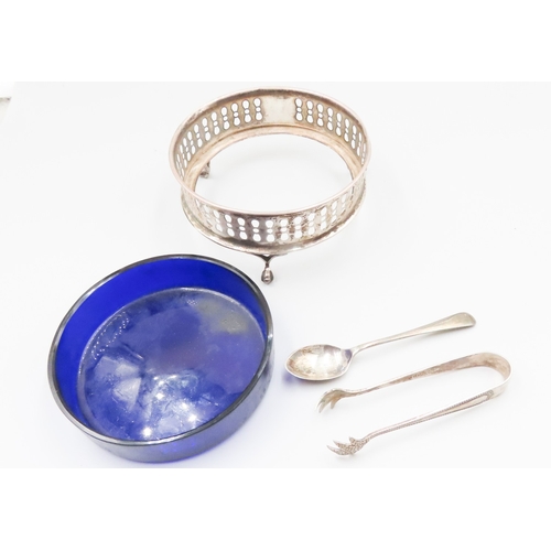 1861 - Silver Bon Bon Dish with Bristol Blue Liner and Bon Bon Tongs with Spoon Three Pieces in Lot