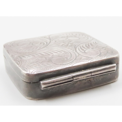 1866 - Silver Square Form Pill or Ring Box Hinged Cover Engraved Decoration Approximately 4cm Square