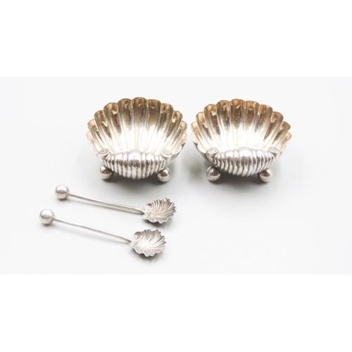 189 - Pair of Silver Scallop Shell Motif Table Salts with Matching Silver Salt Spoons Contained within Ori... 