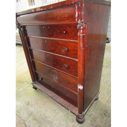 1900 - William IV Figured Mahogany Scotch Chest of Six Long Drawers Above Bun Supports Some Losses and Some... 