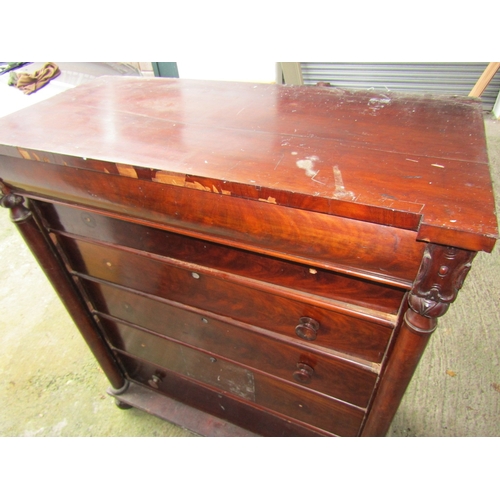 1900 - William IV Figured Mahogany Scotch Chest of Six Long Drawers Above Bun Supports Some Losses and Some... 