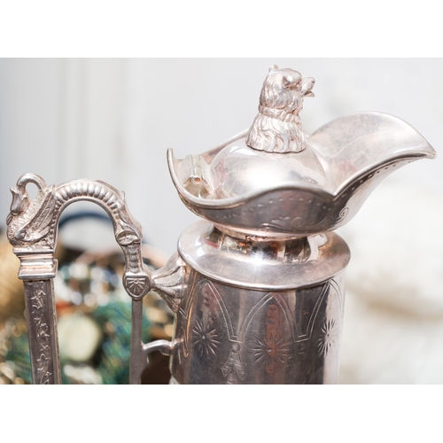 1916 - Edwardian Silver Plated Claret Jug Cut Crystal with Canine Motif Decorated Top Approximately 14 Inch... 