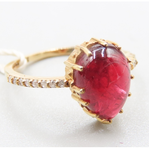 193 - Oval Pear Cabochon Cut Natural Ruby Set Ring with Sixteen Single Cut Natural Diamonds Set to Shoulde... 