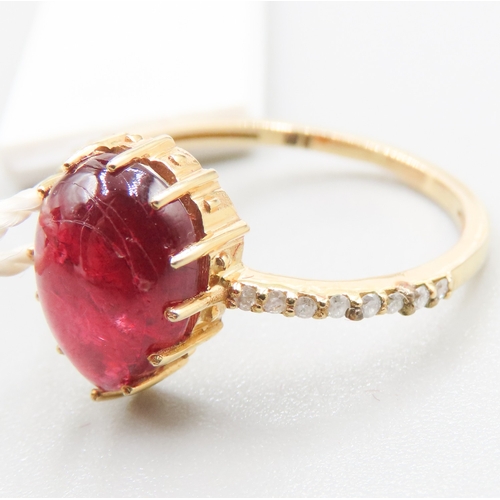 193 - Oval Pear Cabochon Cut Natural Ruby Set Ring with Sixteen Single Cut Natural Diamonds Set to Shoulde... 