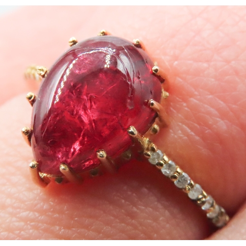 193 - Oval Pear Cabochon Cut Natural Ruby Set Ring with Sixteen Single Cut Natural Diamonds Set to Shoulde... 