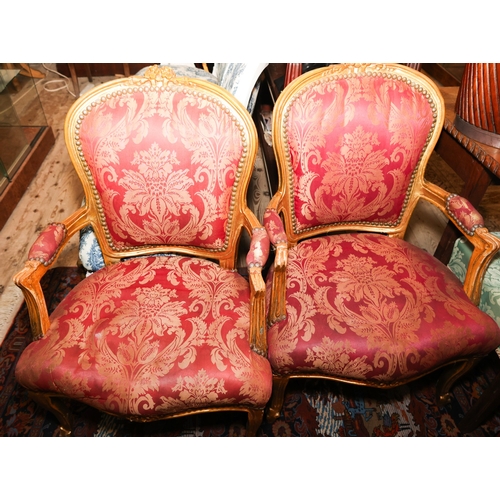 1934 - Pair of Silk Upholstered Drawing Room Armchairs Gilded Cabriole Supports