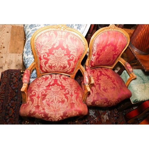 1934 - Pair of Silk Upholstered Drawing Room Armchairs Gilded Cabriole Supports