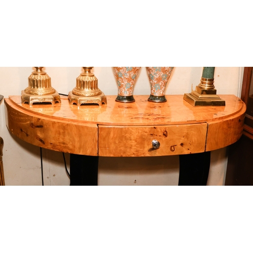 1939 - Art Deco Form Maple Demi-Lune Console Table Platform Base Single Drawer to Frieze Approximately 46 I... 