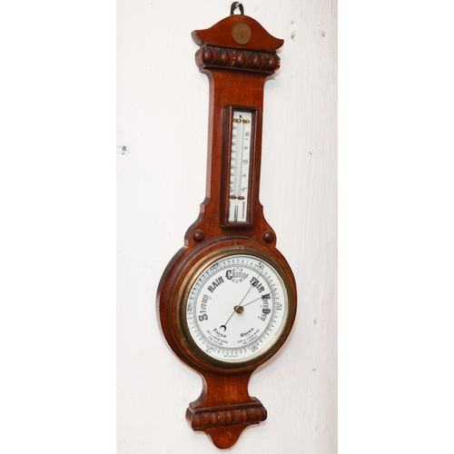 1986 - Edwardian Wall Barometer Enamel Decorated Dial with Temperature Gauge Approximately 24 Inches High