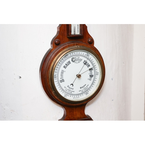 1986 - Edwardian Wall Barometer Enamel Decorated Dial with Temperature Gauge Approximately 24 Inches High