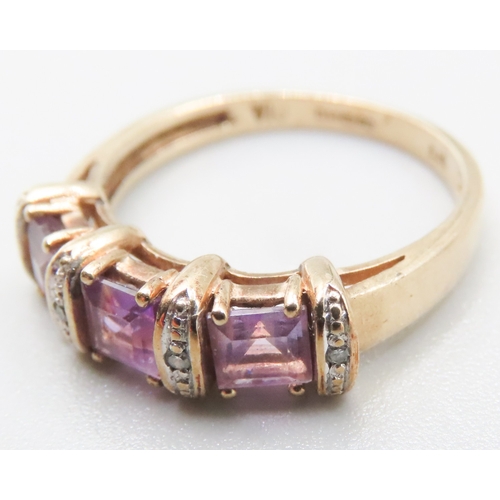 199 - Three Stone Amethyst Square Cut Ring with Further Diamond Insets Mounted in 9 Carat Yellow Gold Ring... 