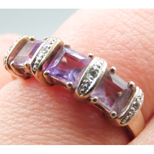 199 - Three Stone Amethyst Square Cut Ring with Further Diamond Insets Mounted in 9 Carat Yellow Gold Ring... 