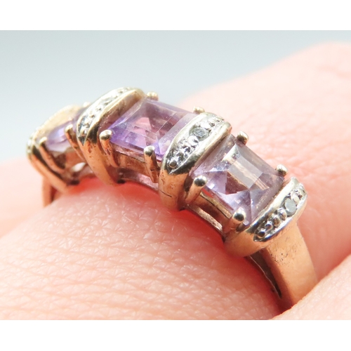 199 - Three Stone Amethyst Square Cut Ring with Further Diamond Insets Mounted in 9 Carat Yellow Gold Ring... 