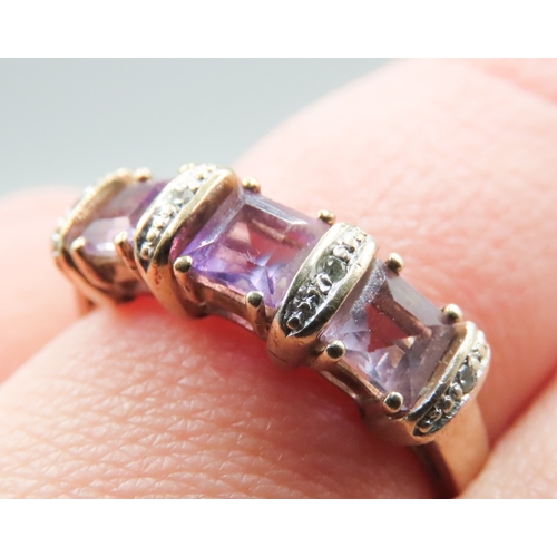 199 - Three Stone Amethyst Square Cut Ring with Further Diamond Insets Mounted in 9 Carat Yellow Gold Ring... 