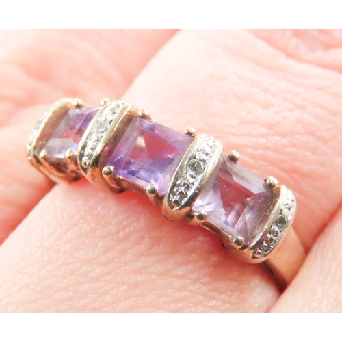 199 - Three Stone Amethyst Square Cut Ring with Further Diamond Insets Mounted in 9 Carat Yellow Gold Ring... 